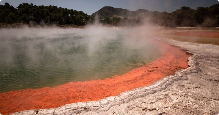 Bright orange suphur around thremal pools at Wai-o-Tapu Rotorua New Zealand 